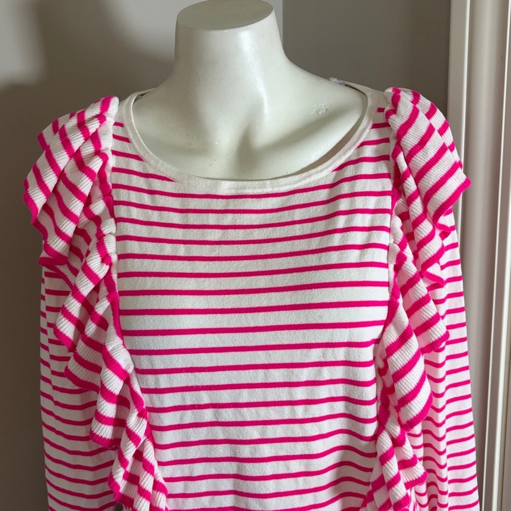 Lilly Pulitzer Ruth Striped Ruffle Sweater Beach Stripe Pink Tango Sz L - Picture 3 of 12